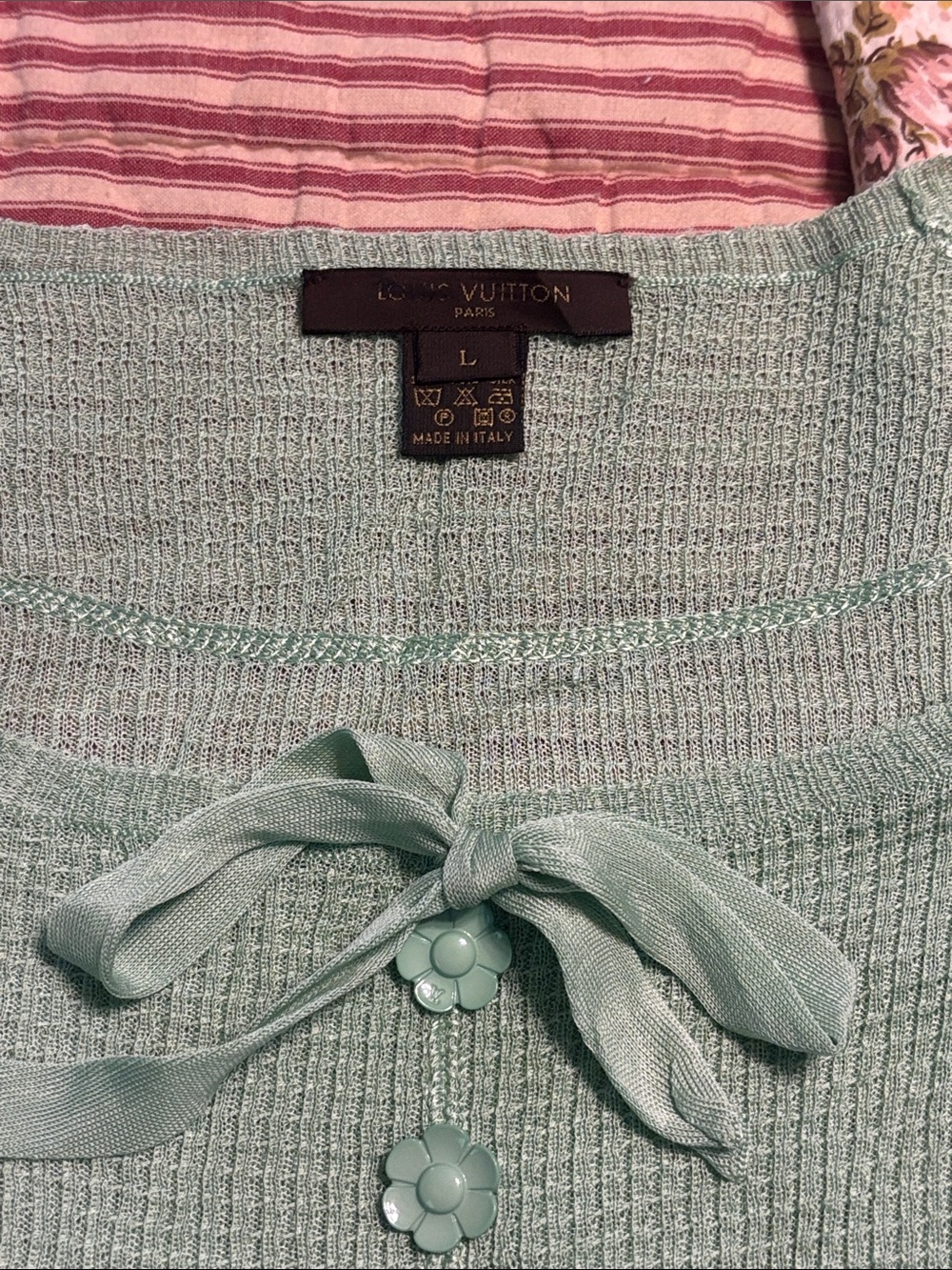 Louis Vuitton Mint Green Knit Top with Bow Tie & Floral Buttons